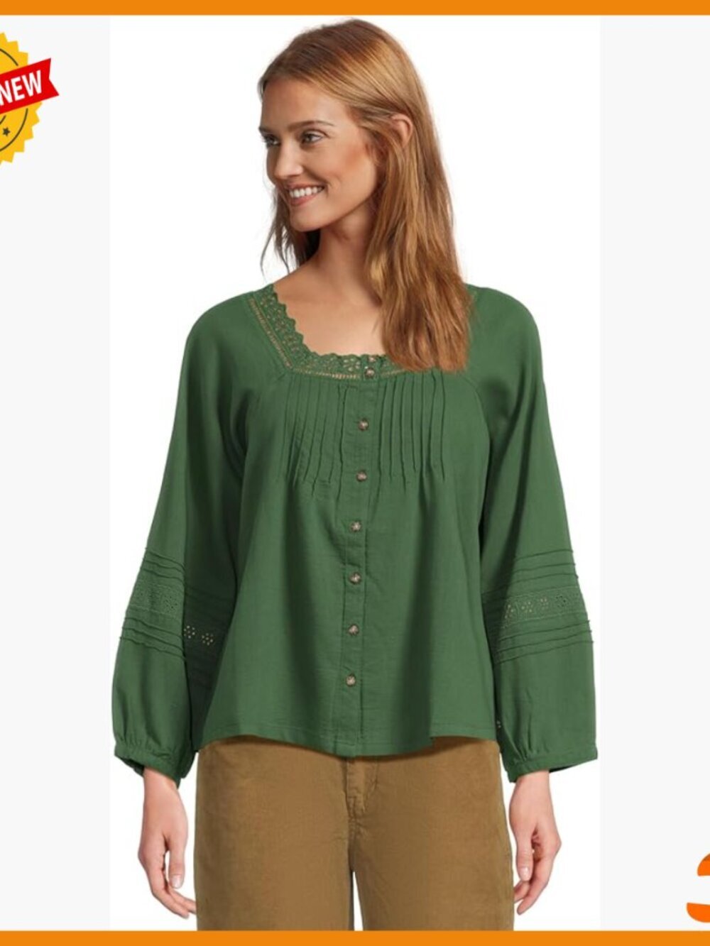 Long Sleeve Peasant Shirt with Lace Trim, Button Cuffs, Organic Cotton